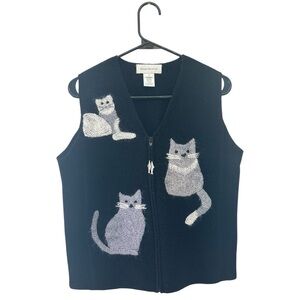 Vintage Y2K Era Susan Bristol Black Wool Vest with Cute Knit Cat Designs Small